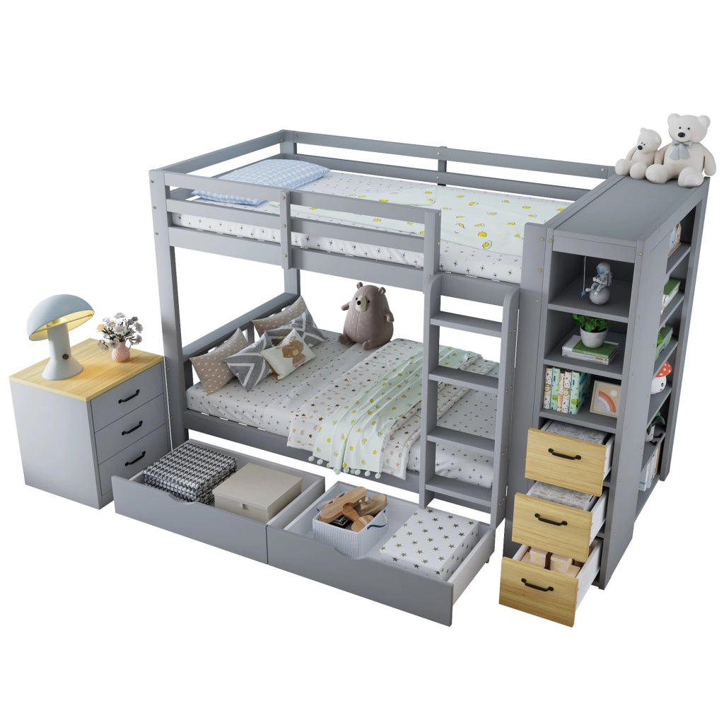 Letto a castello grigio in legno 90x200 cm con cassetti, scaletta e comodino mobile