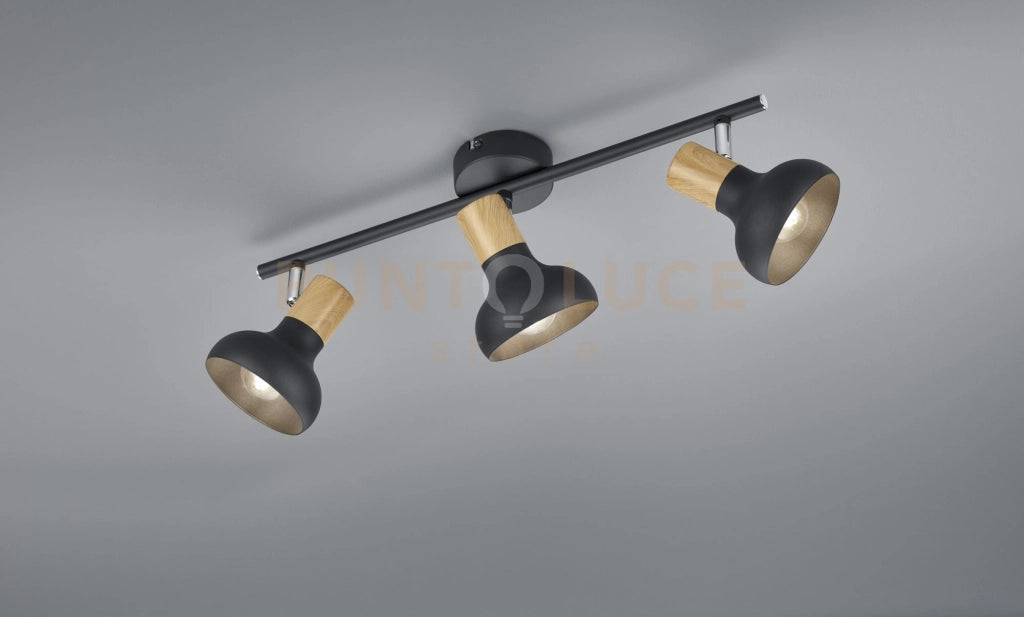 LATIKA BARRA 3 SPOTS METALLO NERO ED EFFETTO LEGNO L. 47CM ATTACCO E14