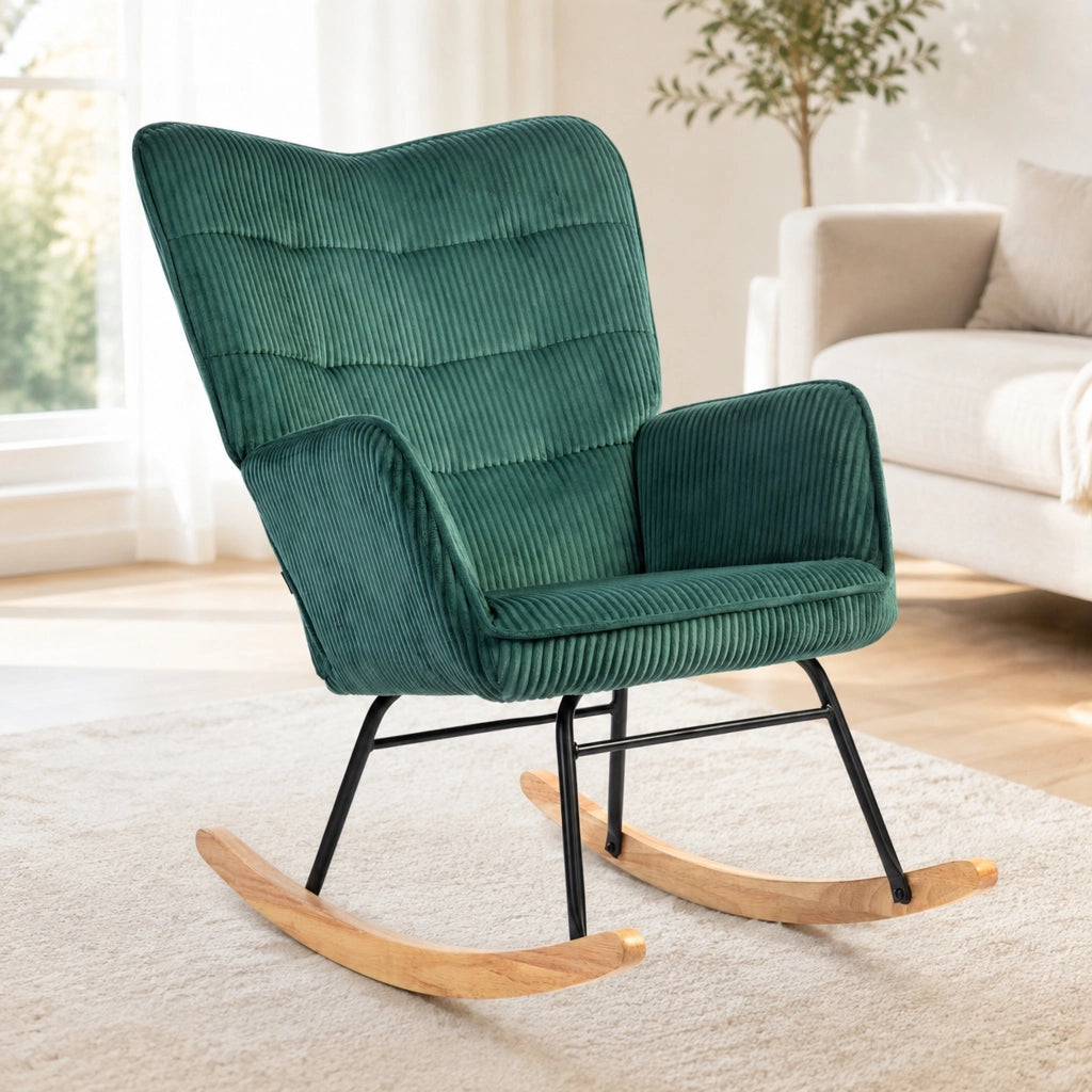 Sedia a dondolo 98x71x101 cm con schienale trapuntato in poliestere verde scuro