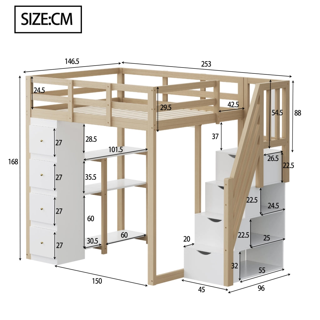OKWISH Letto a Soppalco 140×200 cm, Letto Matrimoniale con 4 Cassetti, Scala con Cassetti e Mensole, senza Materasso, Naturale e Bianco