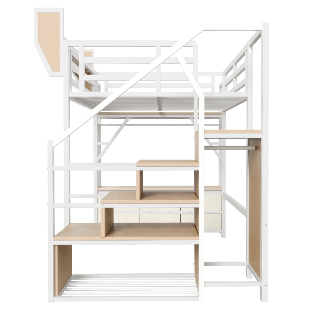 Letto a soppalco 140 × 200 cm con scaletta, ripiani, LED e cassetti in tessuto, senza materasso, bianco