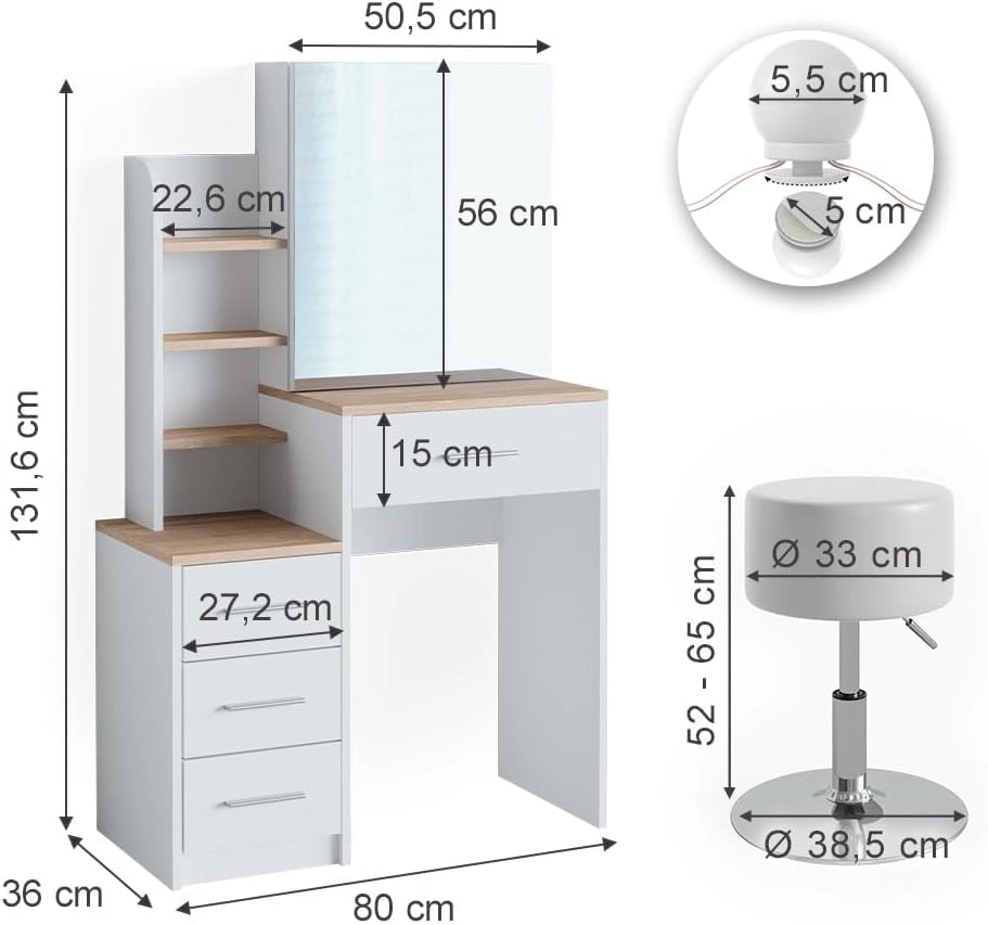 Tavolo da toeletta Conrada, Bianco/Sonoma, 80 cm con illuminazione LED e sgabello, adatto per l'organizzazione di articoli cosmetici e accessori