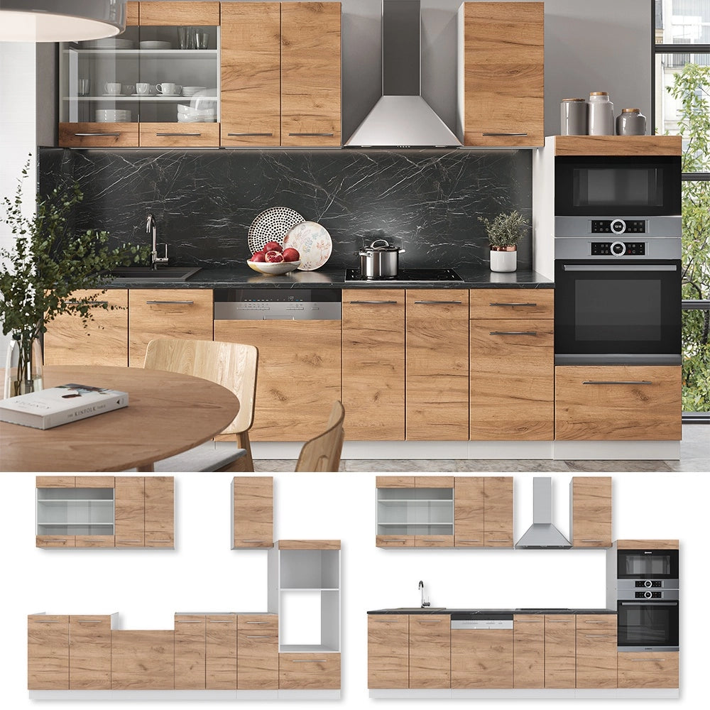 Cucina componibile Fame-Line Rovere dorato/Bianco 300 cm con armadio alto, PL Antracite Vicco