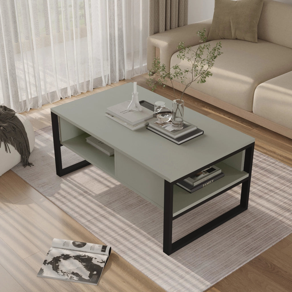 Tavolino Centrale da Salotto Laukaa con Scomparti 45 x 100 x 60 cm Verde Grigiastro/Nero [en.casa]