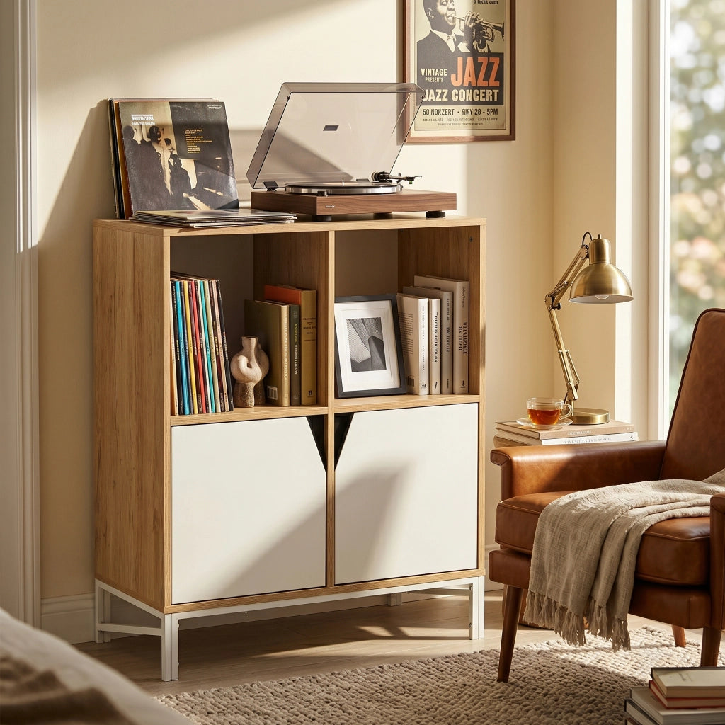 Mobile Contenitore Kerrköndam Comò con 2 Ante e 2 Vani Aperti 94 x 76 x 40 cm - Effetto Rovere/Bianco [en.casa]