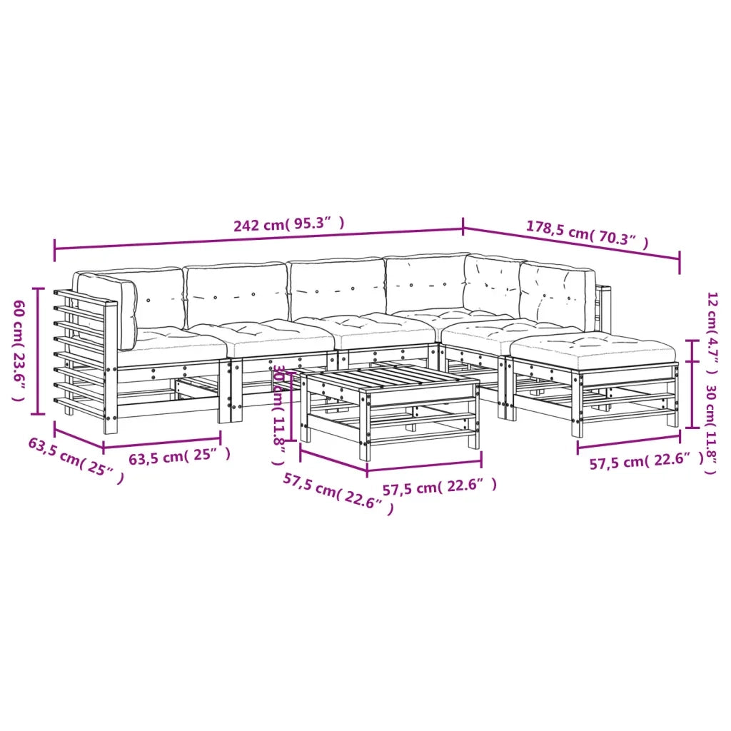 Set Divani da Giardino 7 pz con Cuscini in Legno Massello