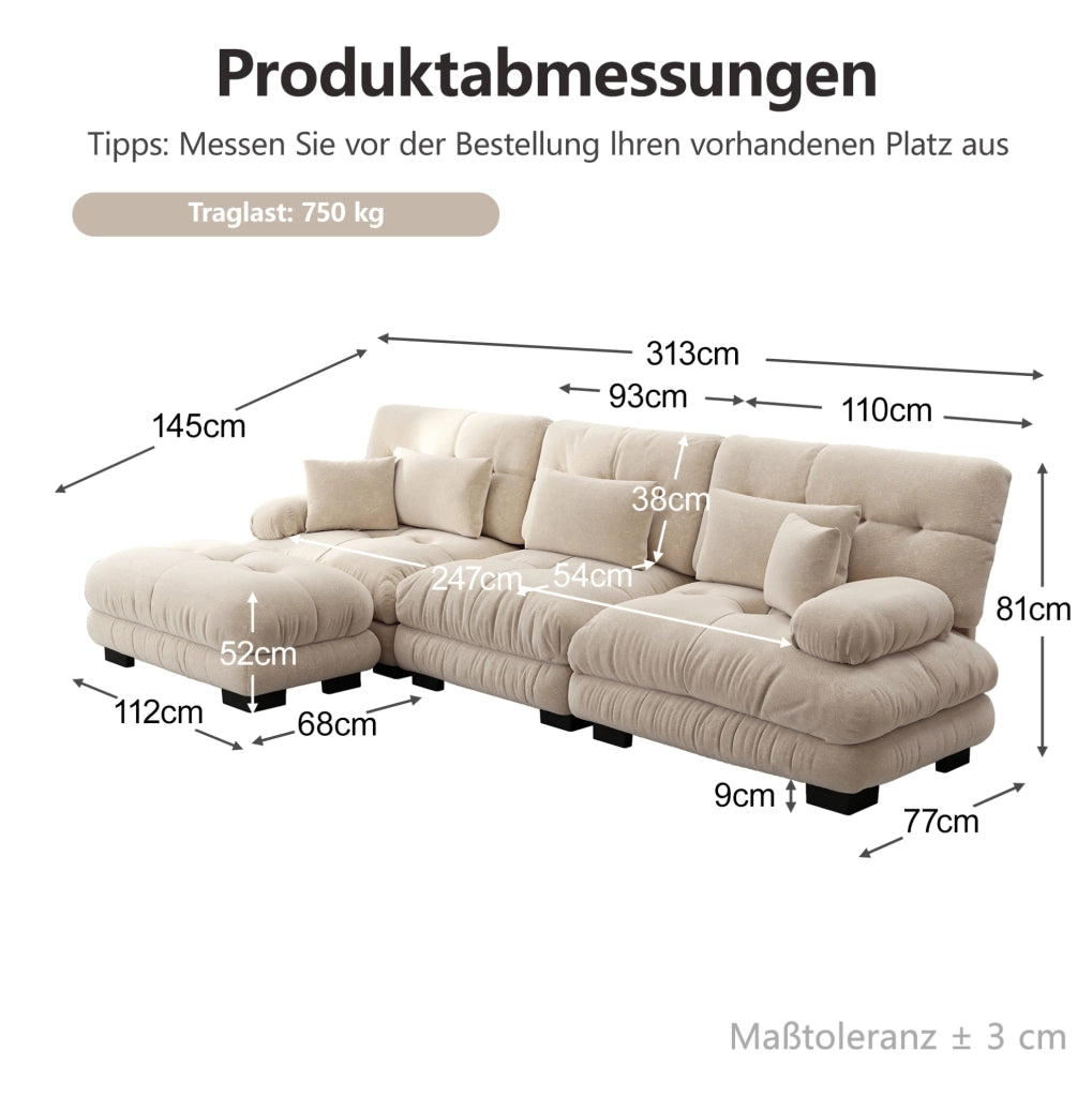 Divano modulare in ciniglia con ottomani mobili; 313×145×81 cm; color caffè chiaro