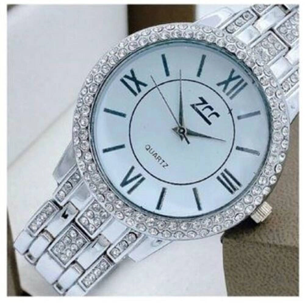 Trade Shop - Orologio Polso Zcc 13 Donna Quarzo Acciaio Brillantini Moda Silver Fondo Bianco -