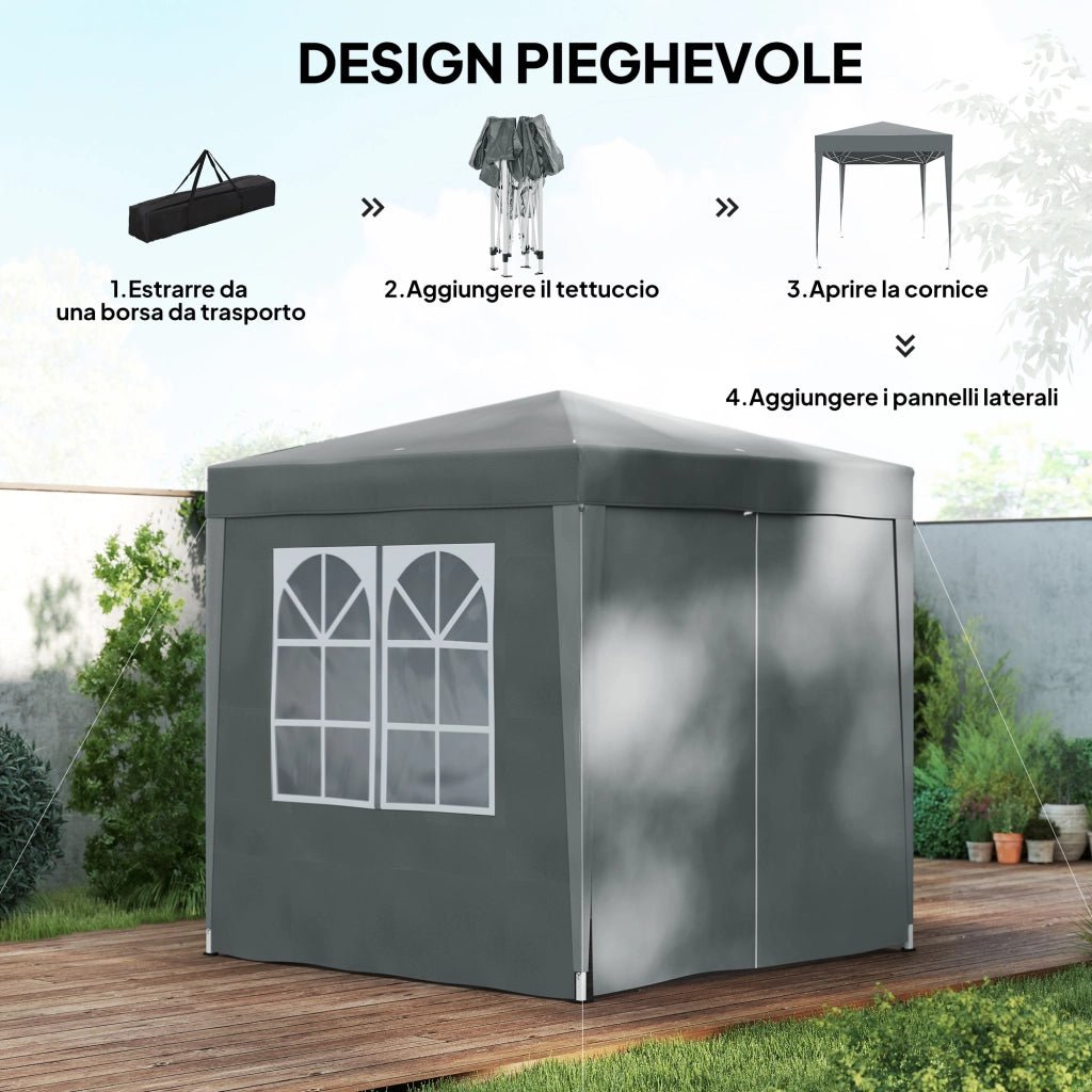 Gazebo Pieghevole 2x2 m con 4 Pareti Rimovibili in Metallo e Poliestere Grigio