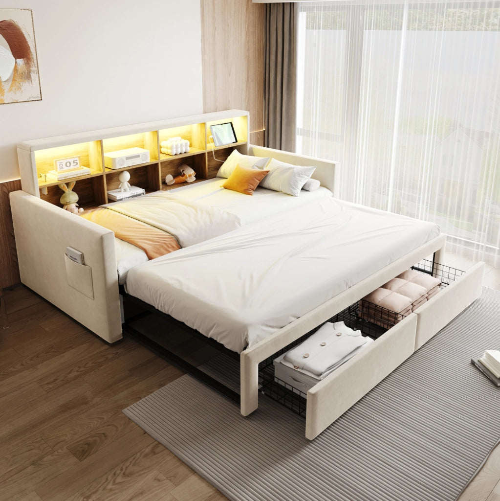 Letto imbottito estraibile 90x190 cm con LED, prese e cassetti in velluto beige