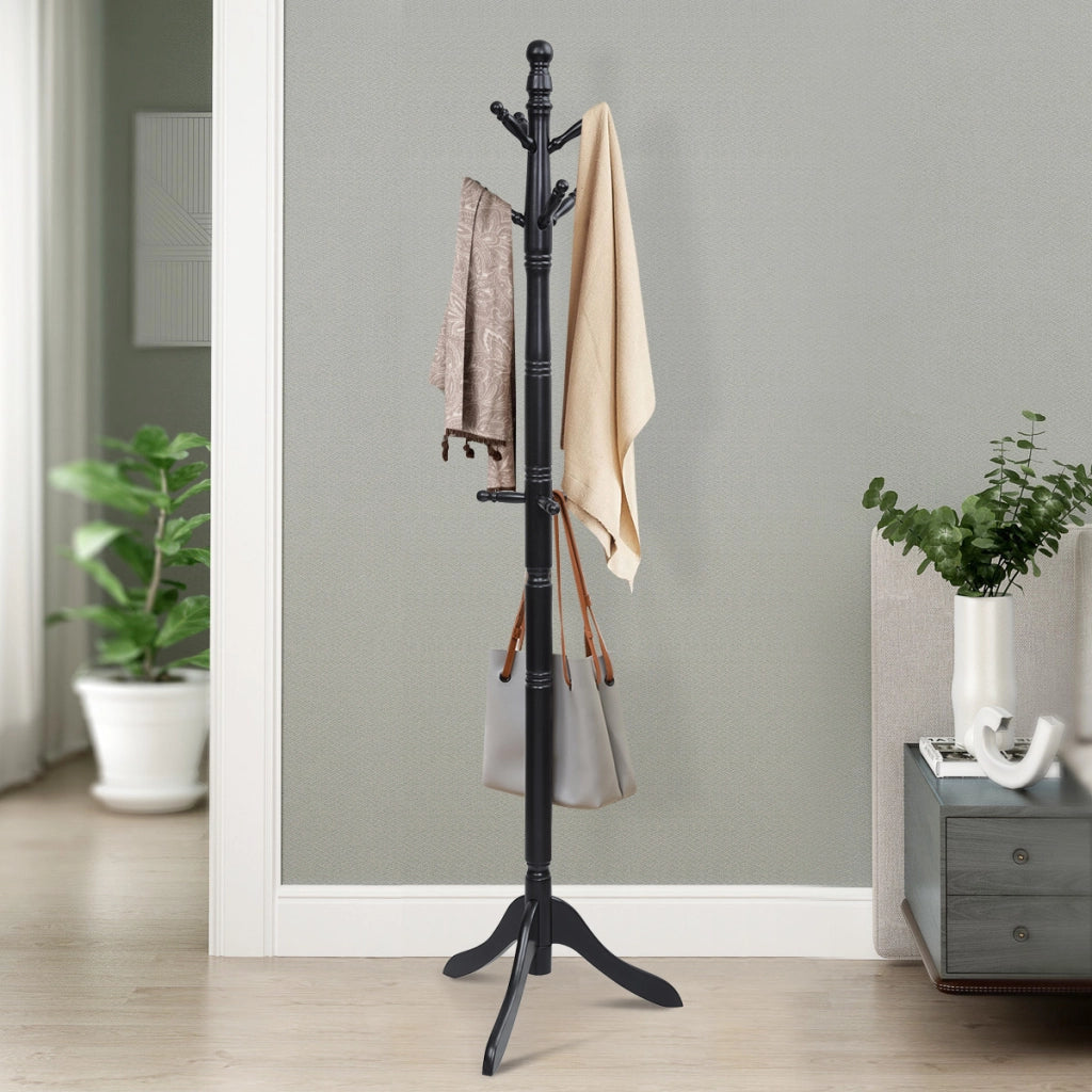 Attaccapanni ad albero in legno di gomma con 9 ganci, Appendiabiti da ingresso  altezza regolabile50x50x175cm Nero-Appendiabiti