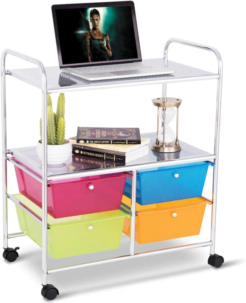 Carrello con 4 Cassetti e 2 Ripiani, Carrello Portaoggetti con Ruote per Cucina Bagno Ufficio, Multiuso, 58,5x37x75 cm (Colorato)