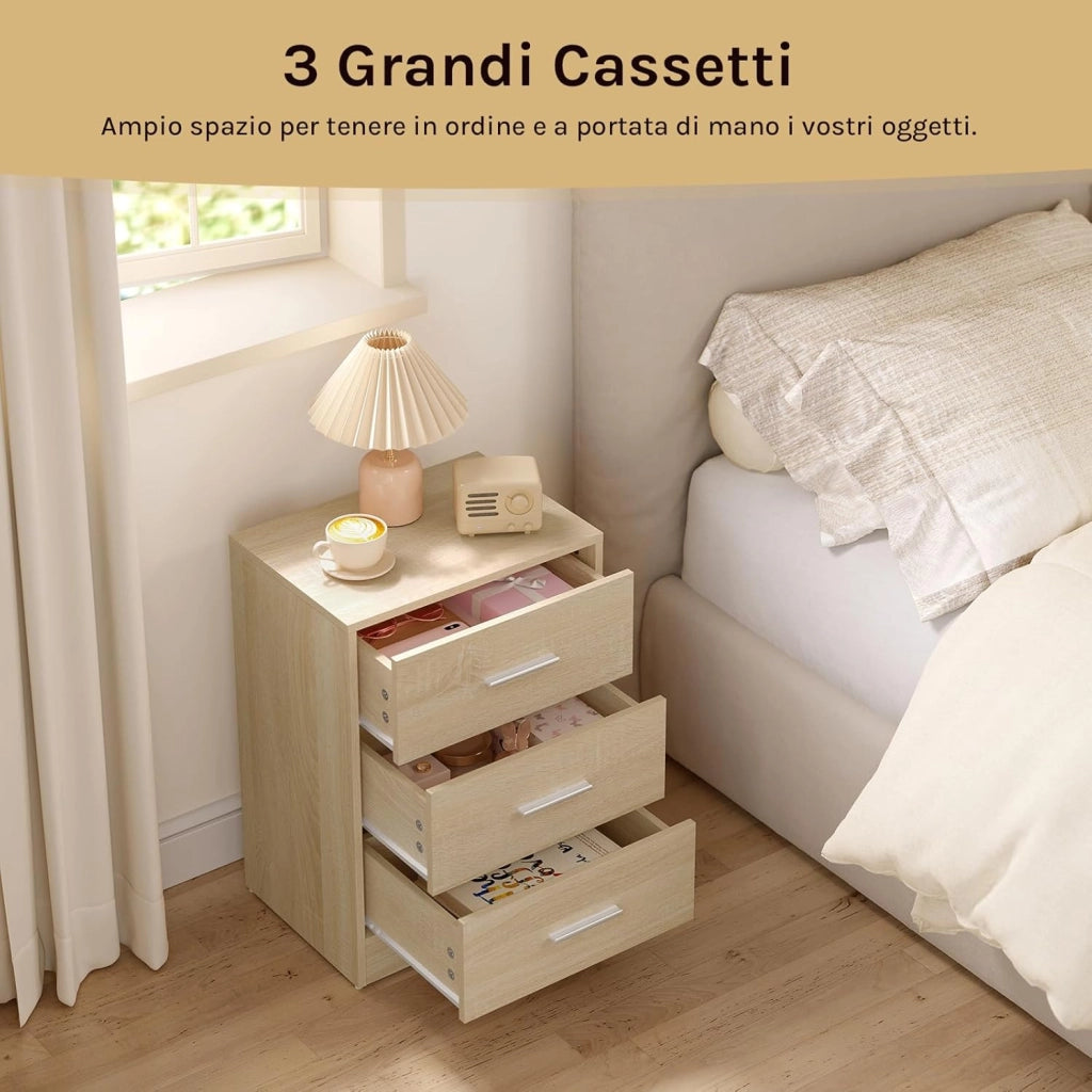 Set di 2 Comodini Moderni con 3 Cassetti, Grande Capacità, Tavolino da Letto per Camera da Letto, Soggiorno e Ufficio, 39x28x54cm, Rovere Chiaro, NTS26hei-2