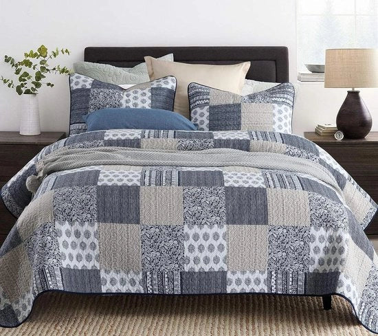 Set di lenzuola per letto a tre pezzi, 230 x 250 cm, lenzuolo da letto, coperta da letto, coperta patchwork, piuma per letto matrimoniale (nero blu)
