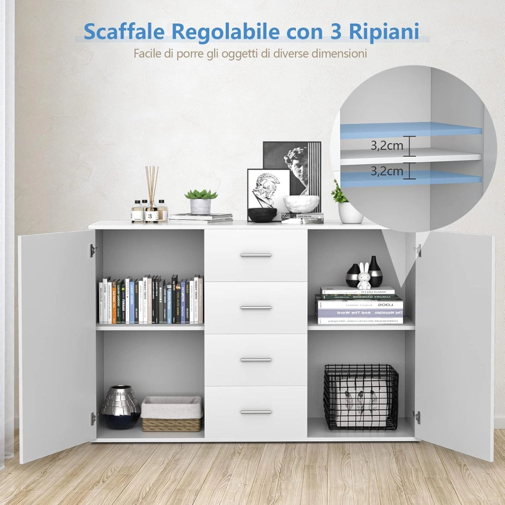 Armadio di Legno con 4 Cassetti e 2 Ante, Credenza Cassettiera di Stoccaggio con Ripiani Regolabili, Mobile Comò per Salone Camera da Letto Ingresso,123 x 34,5 x 82 cm (Bianco)