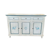 Madia credenza 3 porte legno bianco anticato pavoncella filo blu 150x43x98 - Mobili 2G