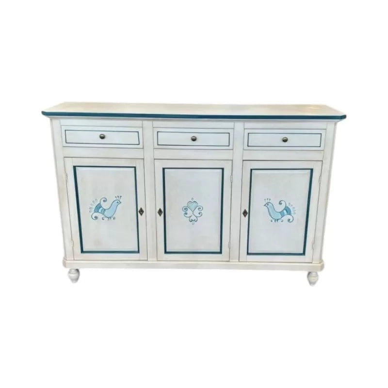 Madia credenza 3 porte legno bianco anticato pavoncella filo blu 150x43x98 - Mobili 2G