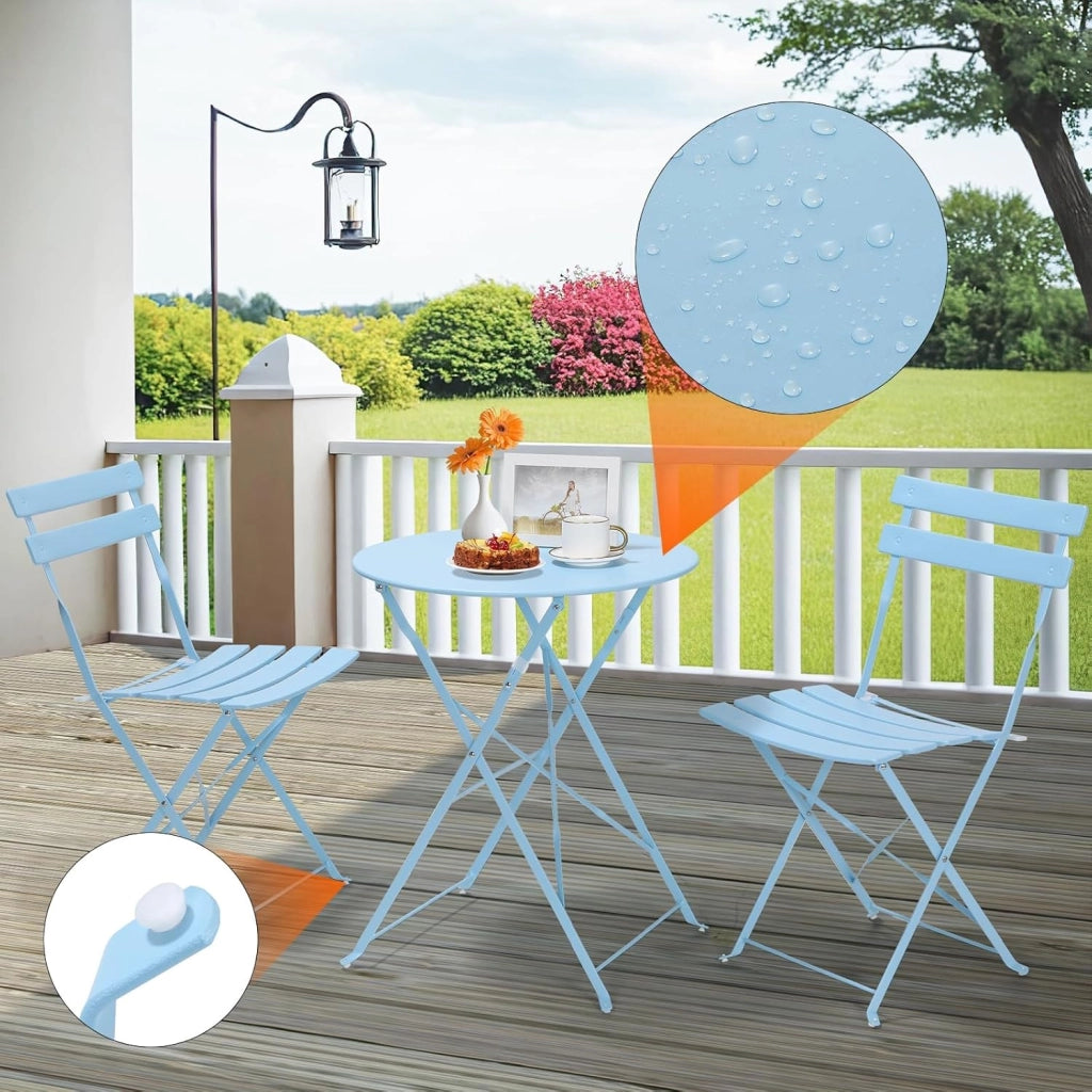 Set da Bistrò 3 Pezzi, Tavolo da Giardino Pieghevole Metallo, Set da Balcone con 2 Sedie, Mobili da Giardino, Pieghevole, Tavolo con Sedie per Balcone e Terrazzo, Blu