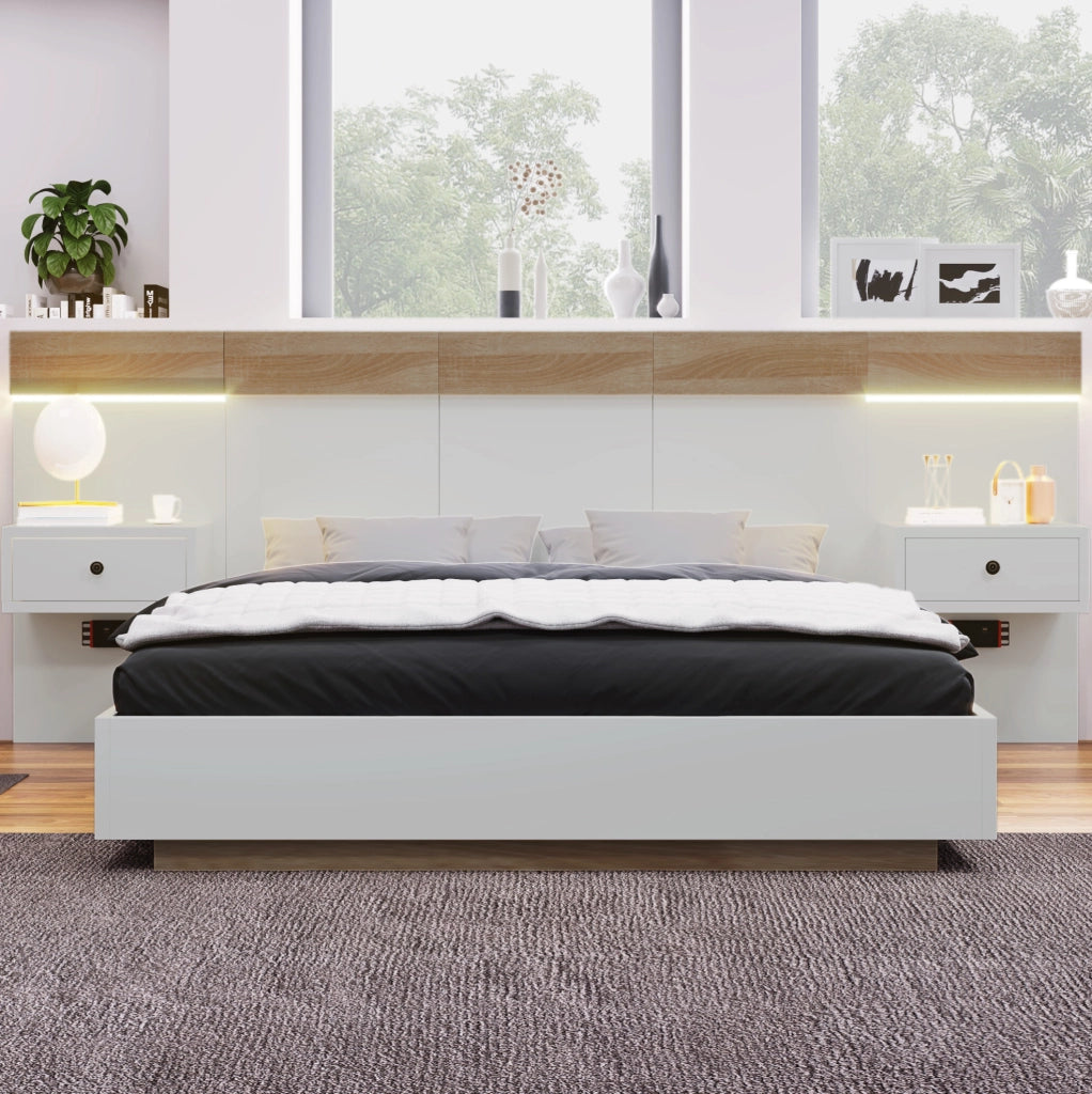 Letto matrimoniale 160x200 cm con 2 comodini LED e prese USB/Type-C; bianco e rovere