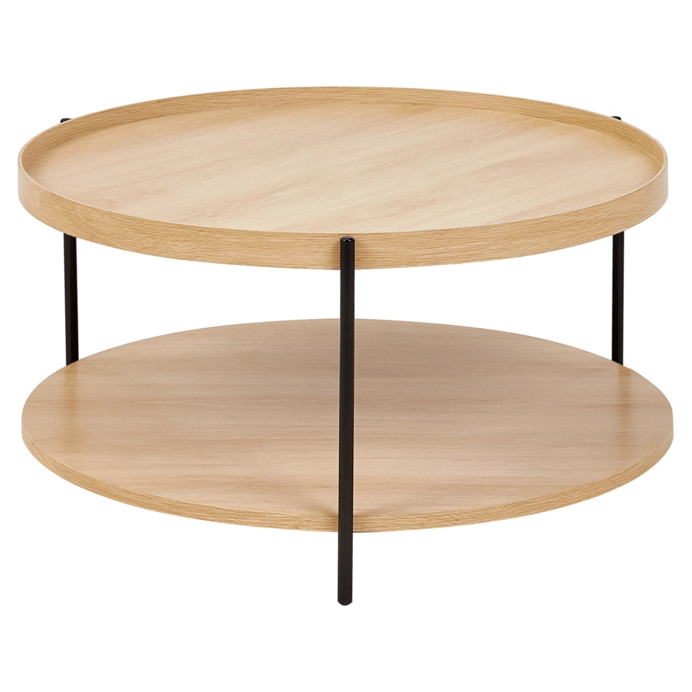 Tavolino con struttura in metallo e 1 ripiano rotondo in legno chiaro stile moderno