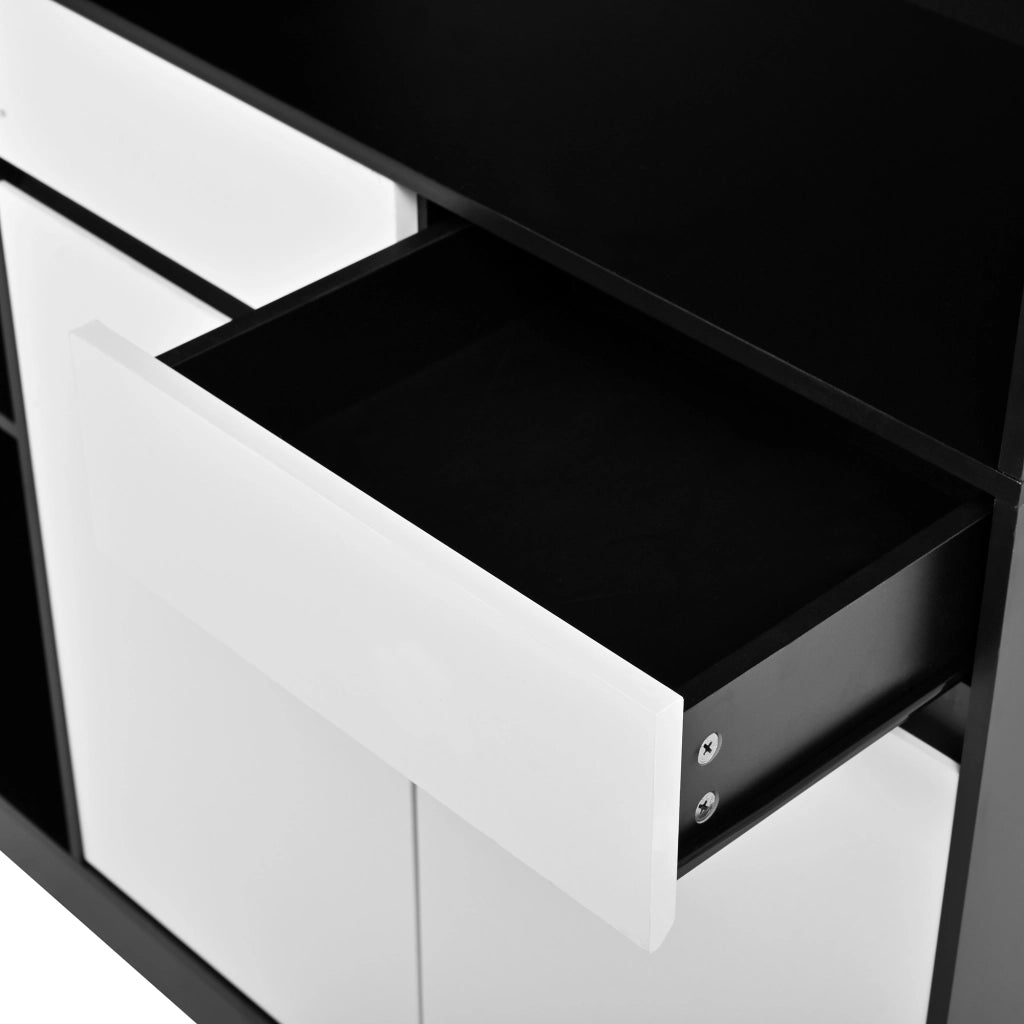Credenza alta con LED e vetrina, ripiani aperti, vani chiusi e portabottiglie per soggiorno e sala da pranzo, in MDF, nero e bianco, 120 × 35 × 180 cm
