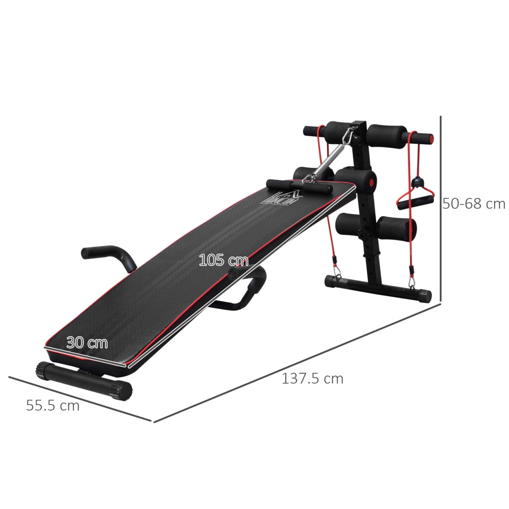 Panca Multifunzione con Vogatore a Molla e Schienale Regolabile e 2 Corde Elastiche, 55.5x137.5 cm Nero
