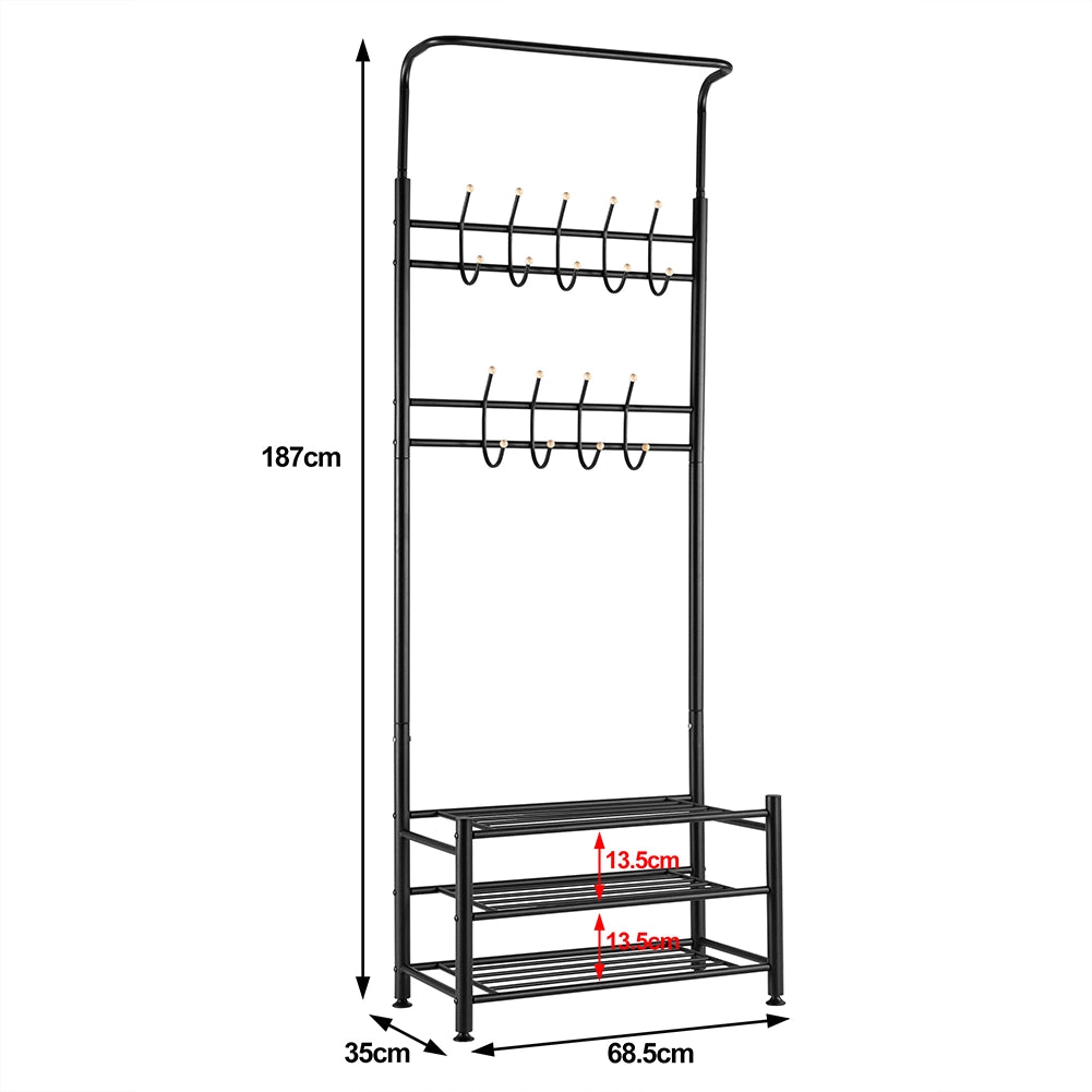 Stand Appendiabiti da Ingresso 9 Ganci con Scarpiera a 3 Ripiani in Metallo Nero