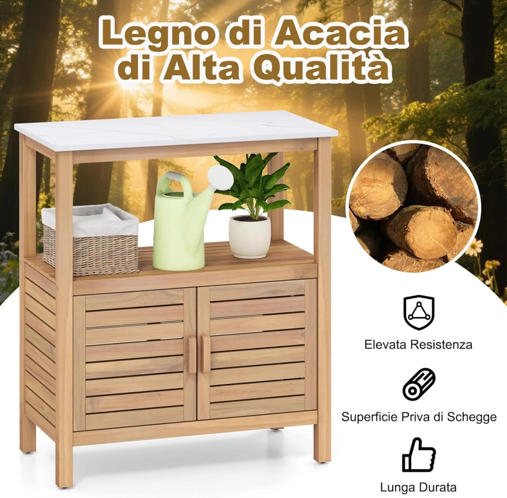 Armadio da Esterno Impermeabile in Legno di Acacia, Mobile Esterno Balcone con Piano di Lavoro in Resina, 2 Ante Persiana e Ripiano Aperto, per Piante e Attrezzi, Naturale, 80 x 40 x 90,5 cm