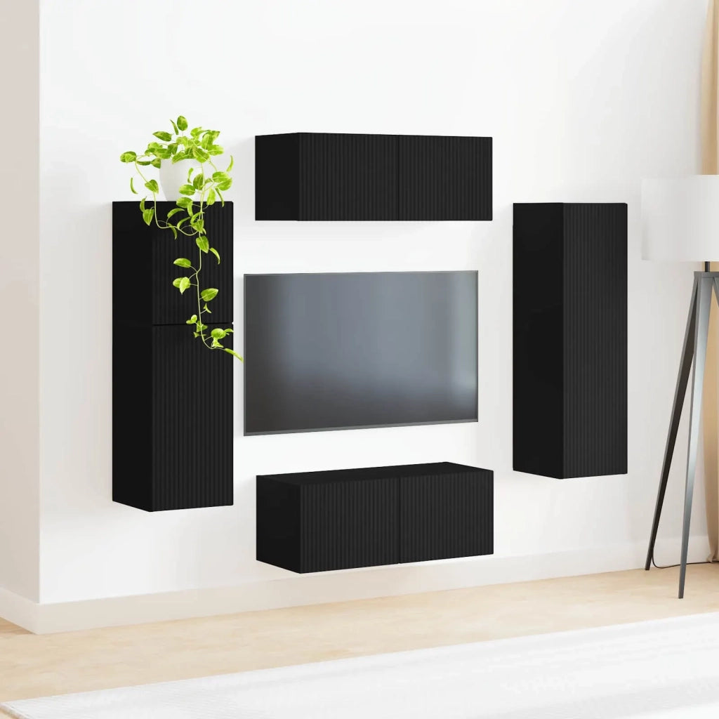 Set mobile TV Montaggio a parete 4 pcs Nero Legno multistrato