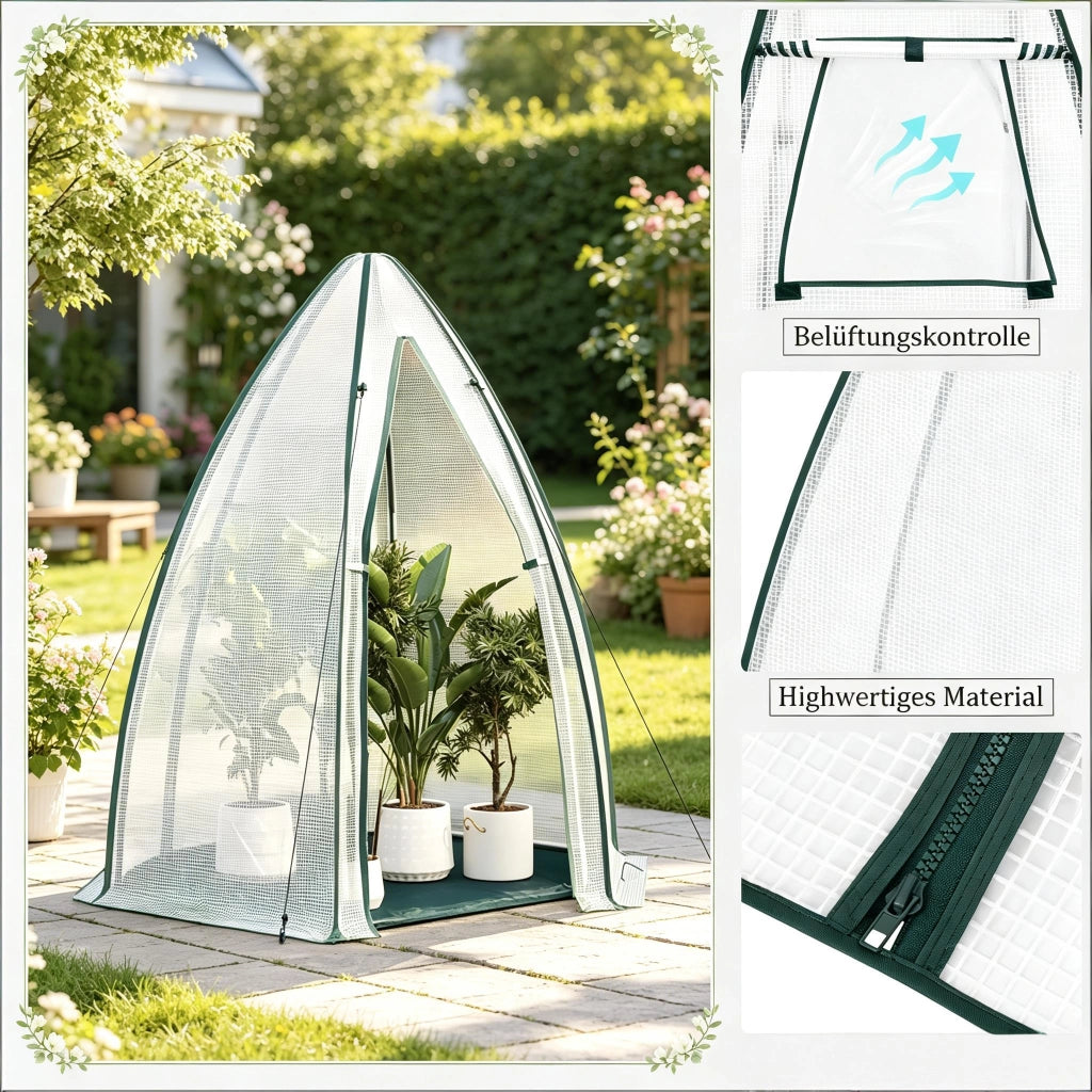 Serra a tunnel in PE 130 gsm con base e struttura in tubi d'acciaio con porta e finestre con zip bianca 160 × 180 × 160 cm