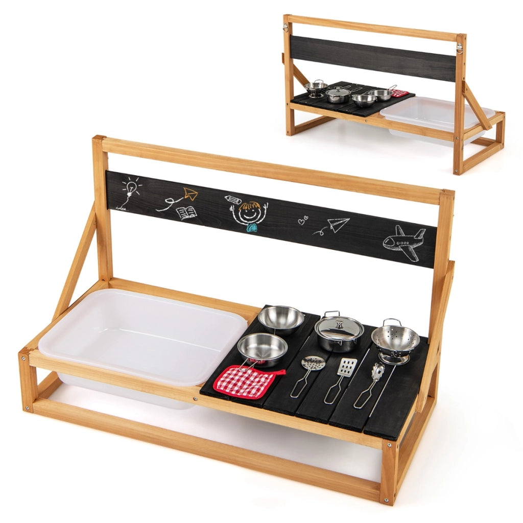 Cucina da gioco da parete/tavolo cucina in legno di abete con ganci, Set da gioco cucina outdoor per bambini 3+ anni Nero + Naturale-Cucine giocattoli