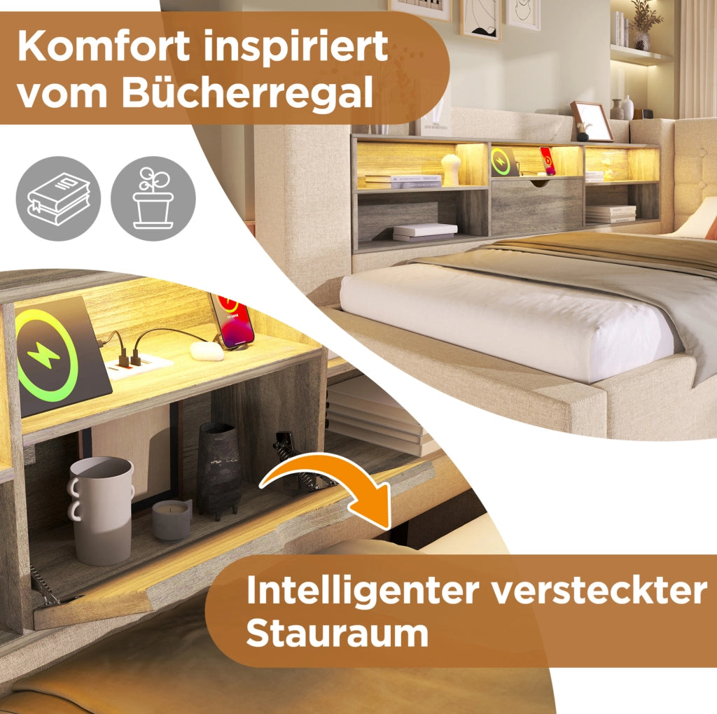 Letto singolo beige 90x190 cm con LED e contenitore idraulico