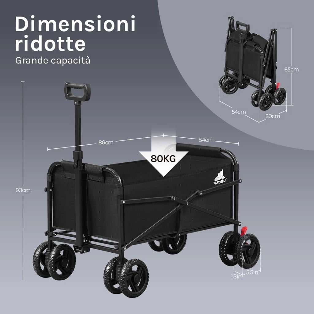 Carrello pieghevole da giardino, per festival, campeggio, picnic, spiaggia, shopping, con 4 ruote doppie universali, chiudibile, tessuto Oxford+metallo, nero