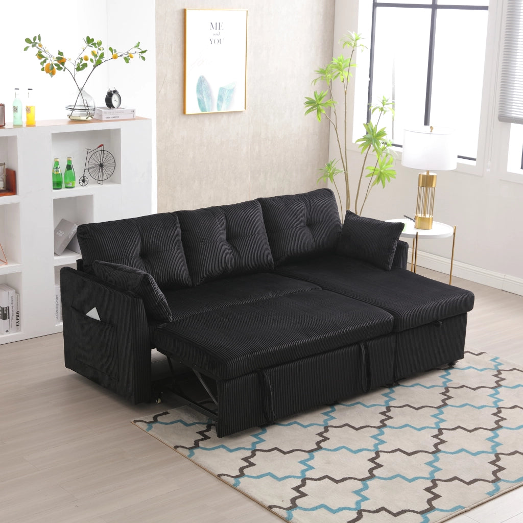 Divano letto modulare con contenitore sedute con tasche laterali e cuscini in tessuto a coste nero 206 × 108 × 66 cm