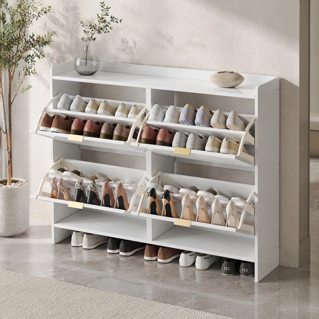 Scarpiera moderna con 4 vani a ribalta, struttura salvaspazio, colore bianco, 110 x 90 x 24 cm