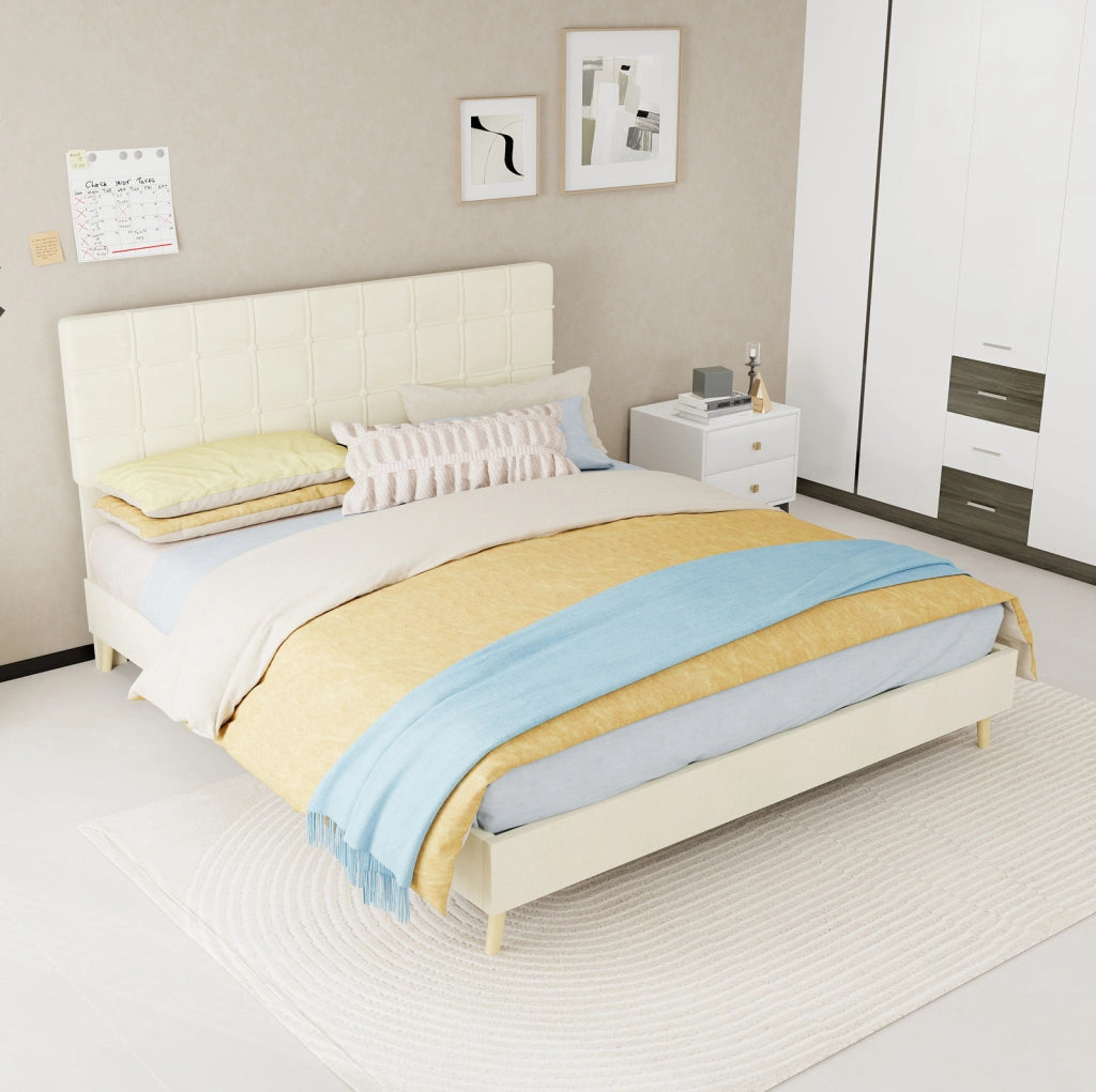 Letto 160x200 cm con testiera trapuntata in velluto beige