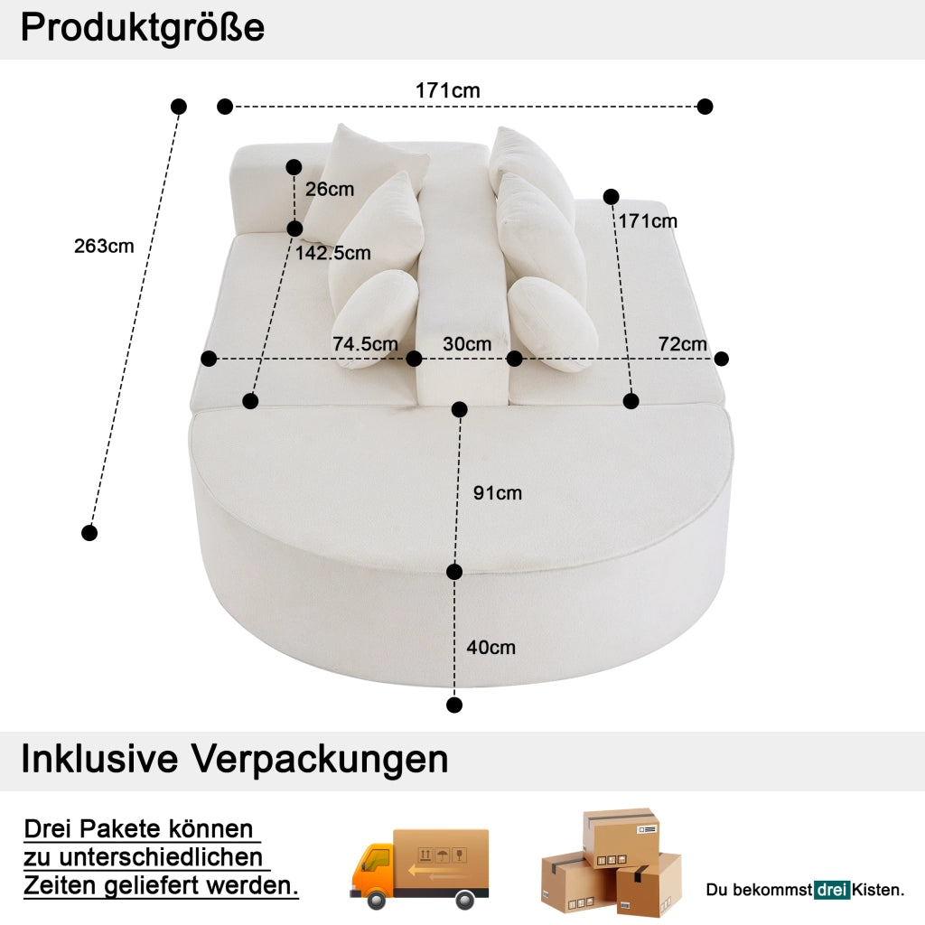 Divano modulare convertibile in ciniglia con struttura in schiuma, senza montaggio, bianco 263 × 171 × 66 cm