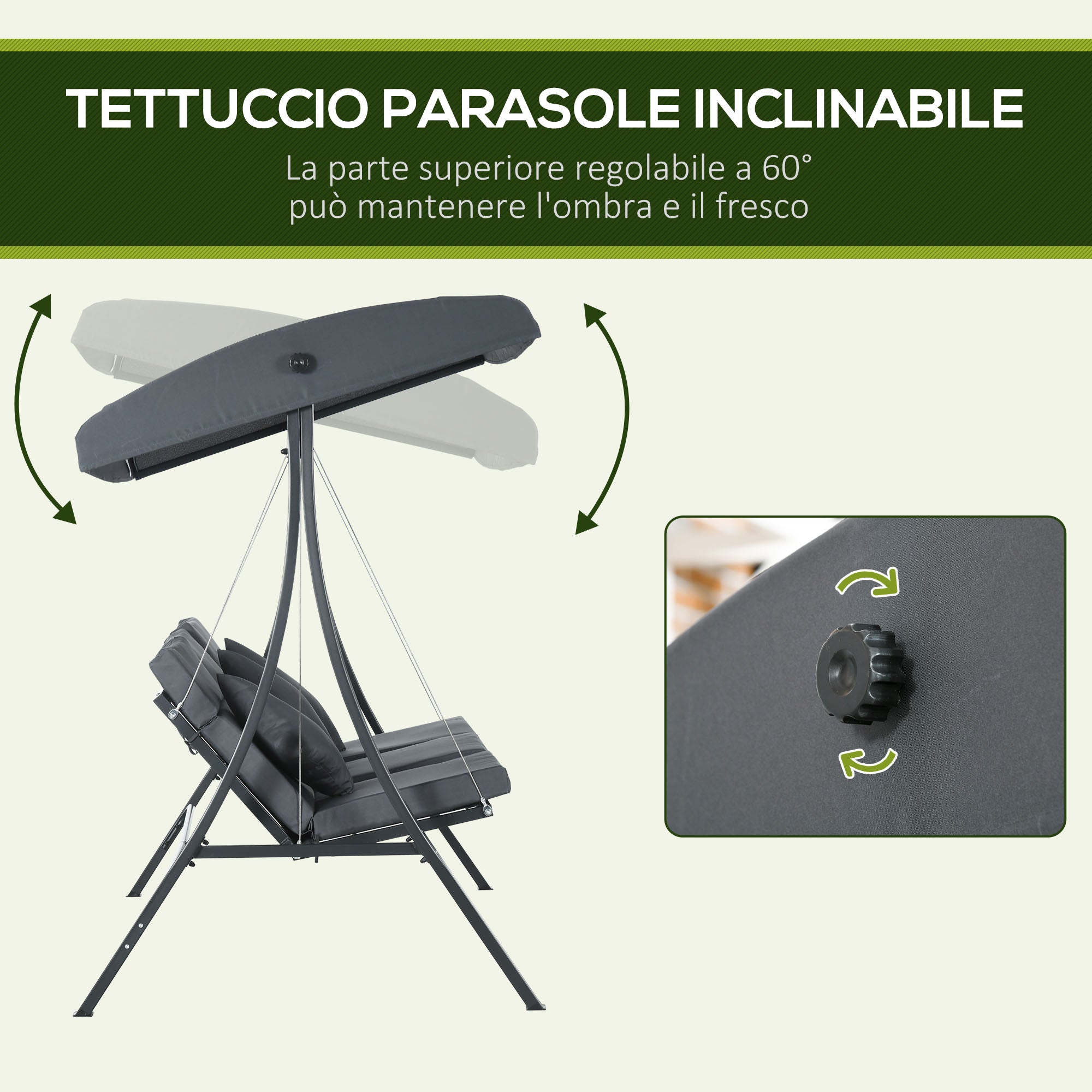 Dondolo da Giardino 3 Posti 202x115x168 cm con Tettuccio Regolabile in Acciaio e Poliestere Grigio Scuro