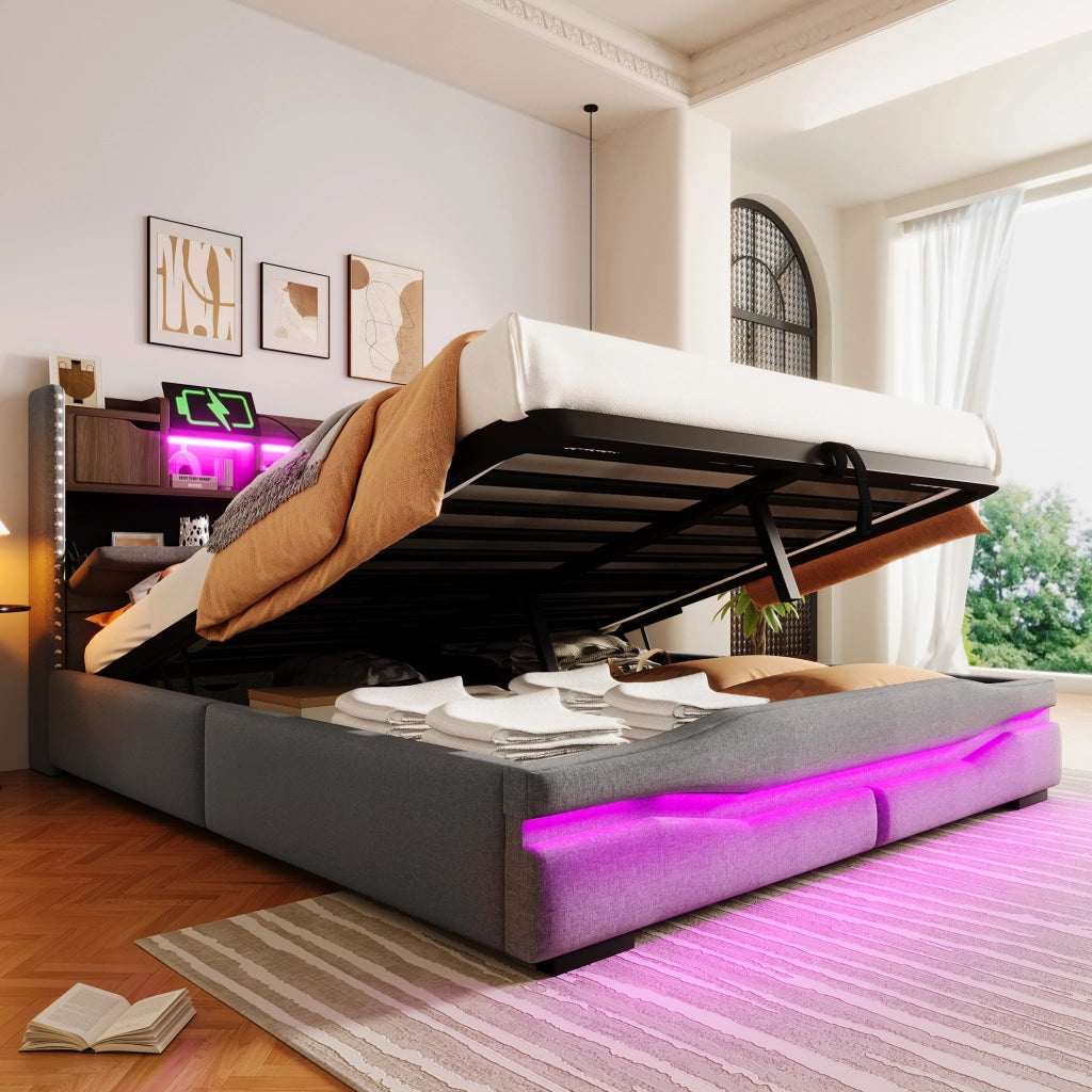 DESMIU Letto contenitore 160 × 200 cm 2 posti con LED, USB e Type-C, senza materasso, in lino e MDF, grigio