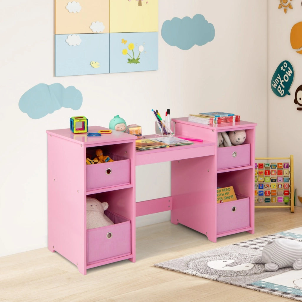 Set toeletta per bambini con specchio a 3 ante rimovibile e 4 cassetti in tessuto, Mobile da trucco per bambini Rosa-Toelette per bimbi