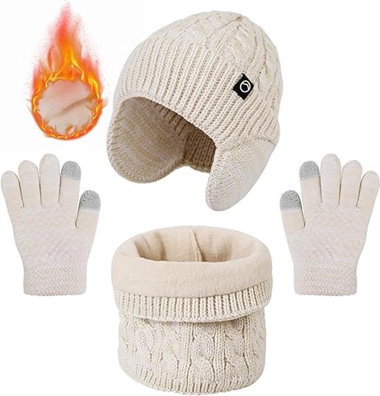 Set di capote e sciarpa 3 in 1 per bambini, con orecchini isolanti, adatto a bambini di 4-10 anni, colore Beige