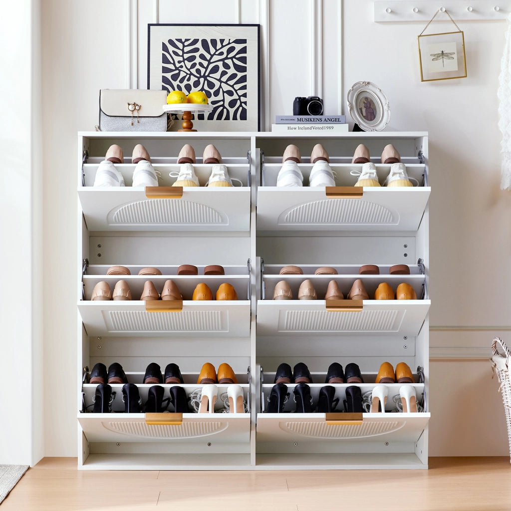 OKWISH Scarpiera con 6 Ribalte e Ripiani Aperti, Ripiani Regolabili, per Ingresso, MDF, Bianco, 118 x 25 x 115 cm