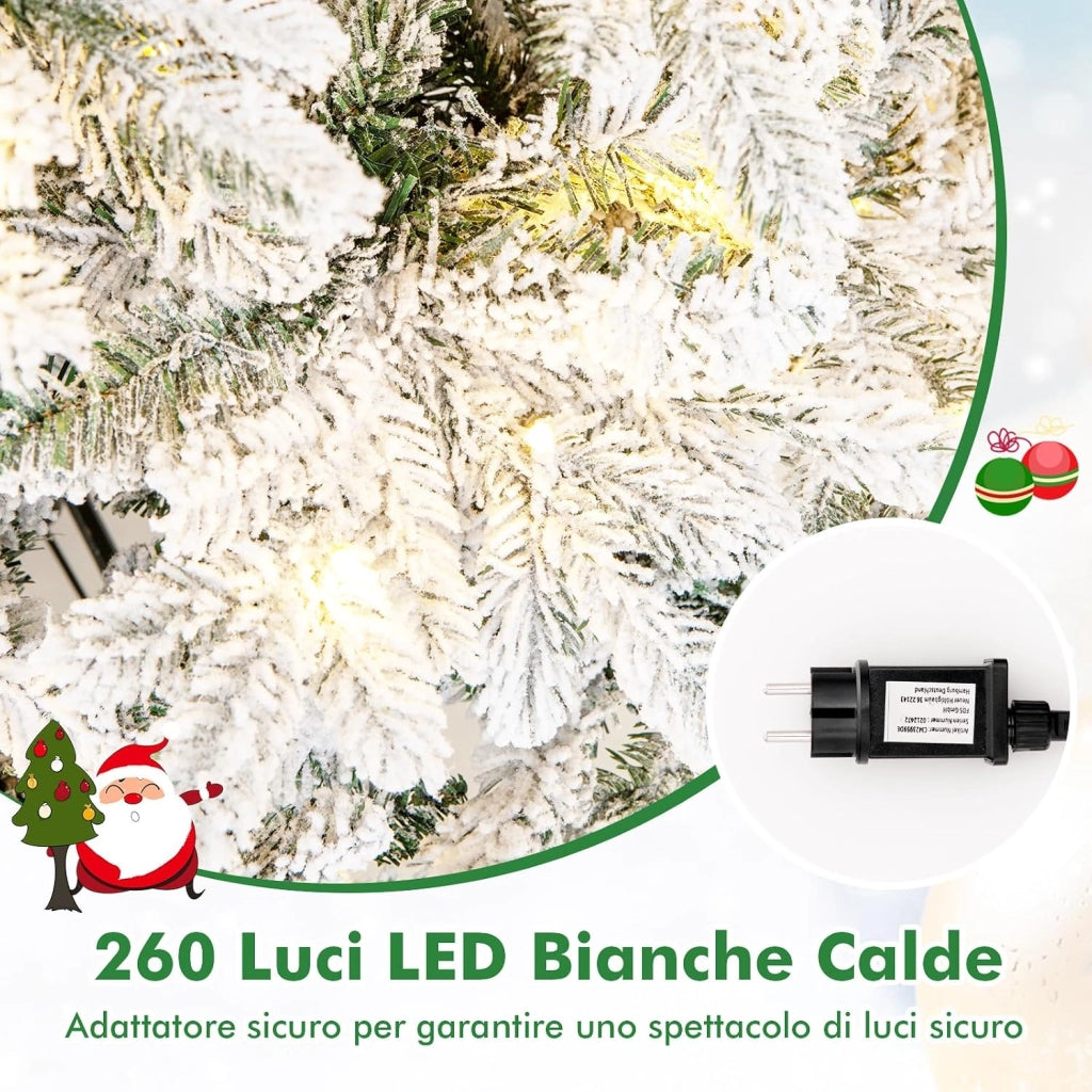 Albero di Natale Innevato 135/180/210 CM, Albero di Natale Artificiale Pre-Illuminato con 120/260/300 Luci LED, 757/1415/1684 Punte e Giunti a Cerniera (180 cm)