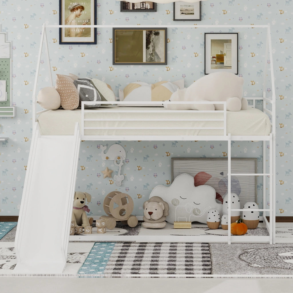 Letto a castello per bambini 90 × 190 cm con scivolo, scala e sponde di sicurezza, senza materasso, in ferro, bianco