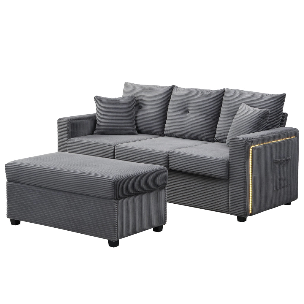 Divano modulare a L con pouf e luci LED; con tasche laterali; in tessuto a coste grigio antico