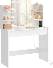 Toeletta da Trucco con Specchio LED, con 2 Prese di Corrente, Postazione Trucco con 2 Cassetti 4 Ripiani, Bianco, 90x135x40 cm, MB6123ws