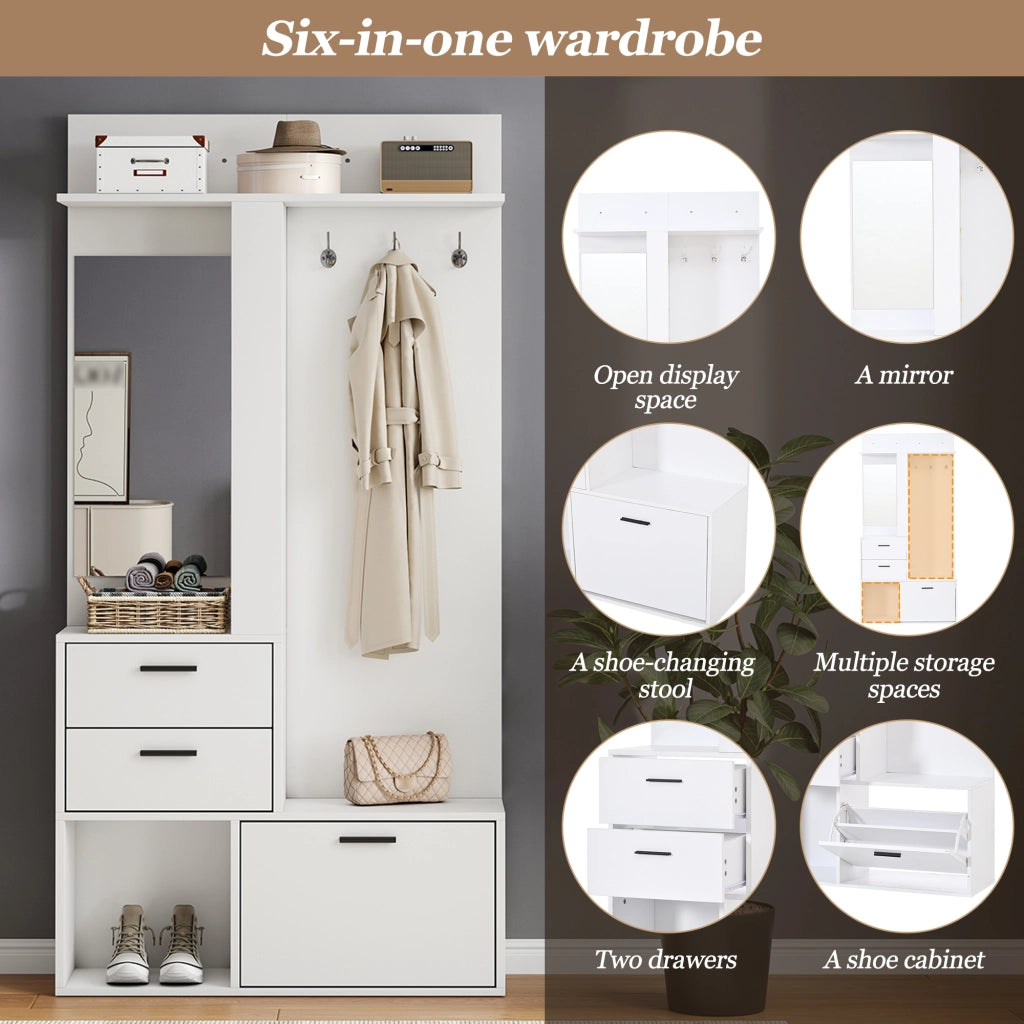 Mobile da ingresso con specchio a figura intera, 2 cassetti, scarpiera ribaltabile e 3 ganci, in MDF, bianco 90 × 30 × 180 cm
