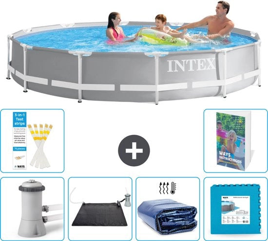Piscina a forma di prisma a rete circolare - 366 x 76 cm - Grigio - Incluso Pompatoio Solare - Tenda Solare - Paviamento - 7 pezzi