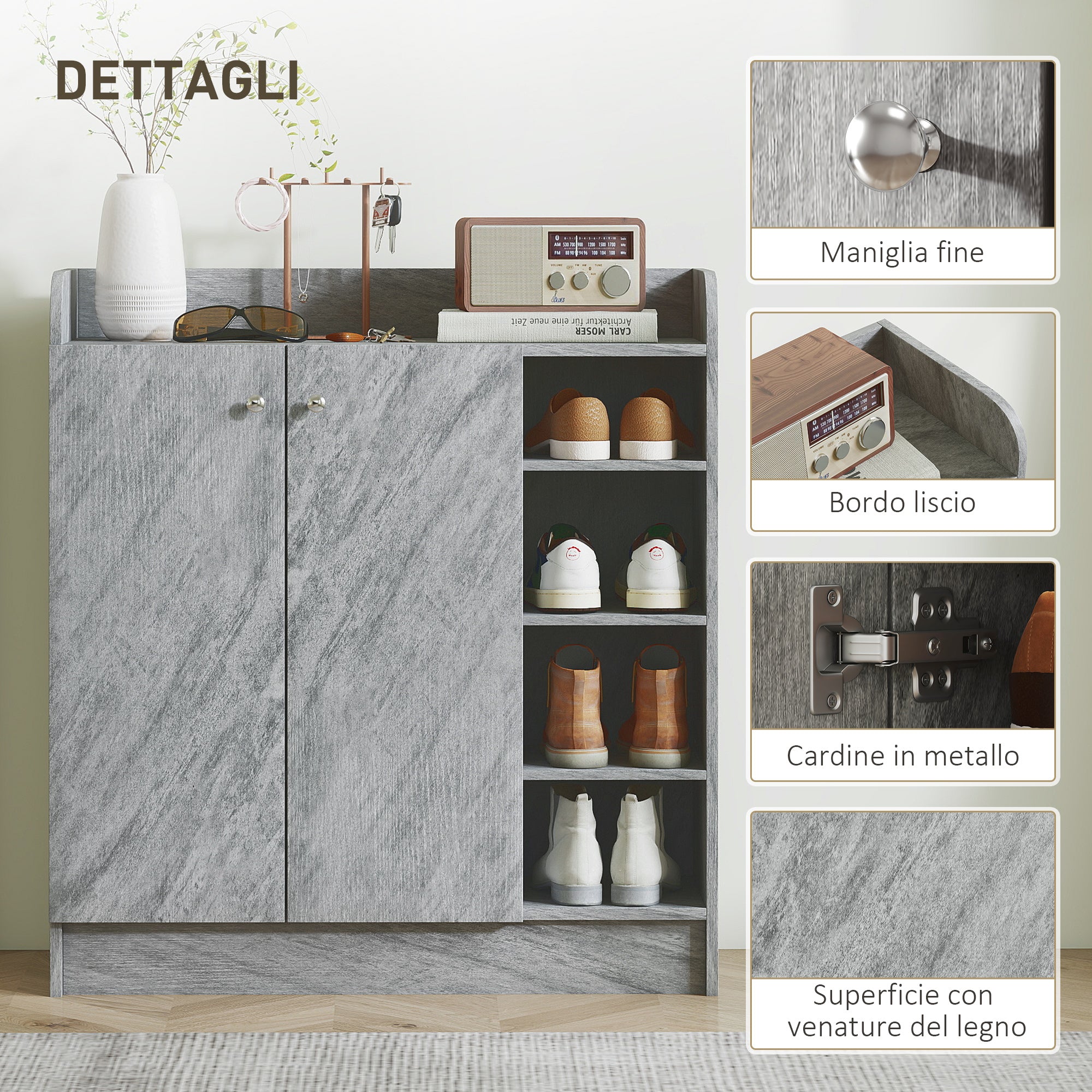 Scarpiera Moderna 83x30x90 cm con 4 Ripiani Aperti e Armadietto per 12 Paia in Legno Grigio Cemento