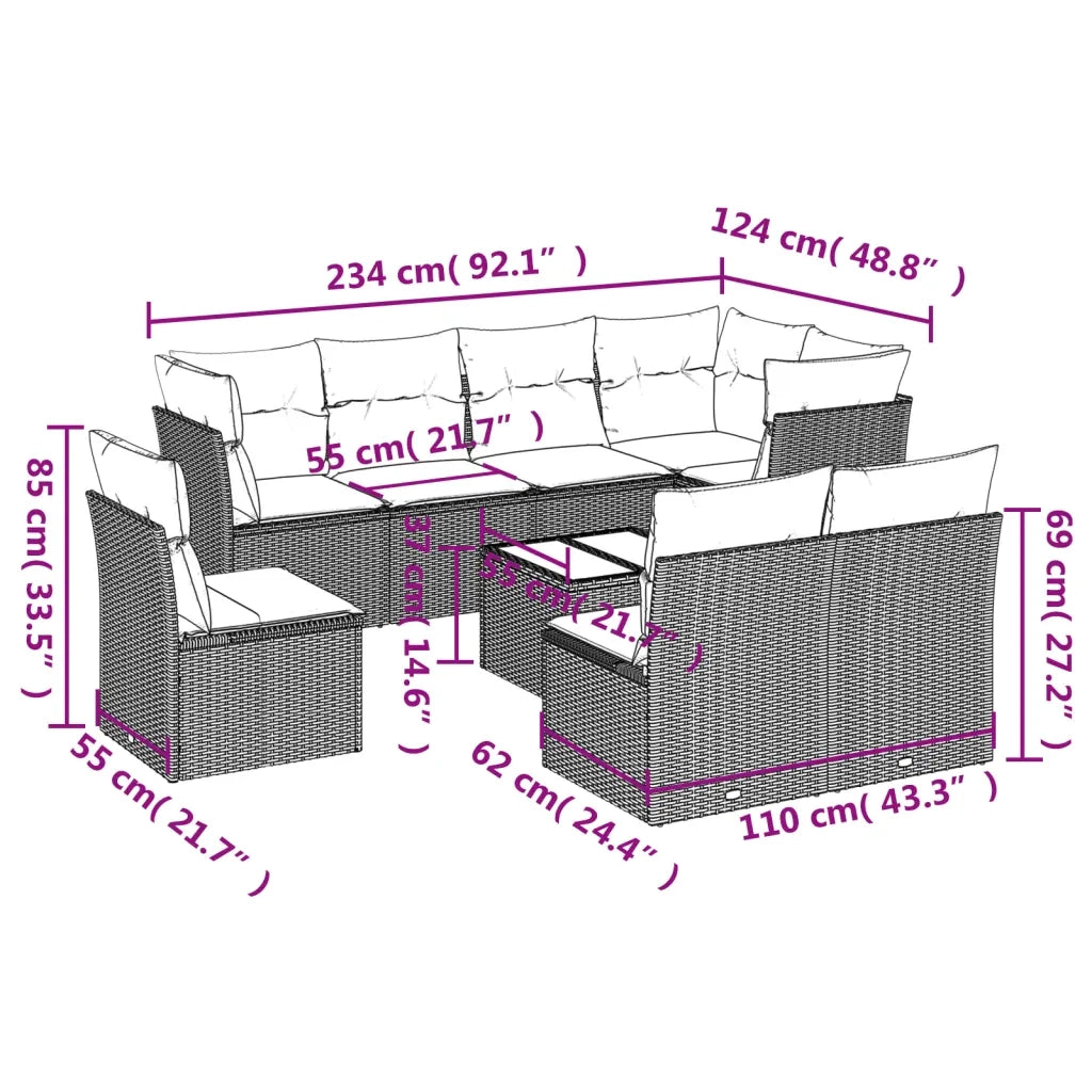 Set Divani da Giardino 9 pz con Cuscini Nero in Polyrattancod mxl 112421